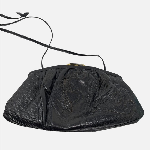 Sharif USA black Leather Patch work Handbag Purse Excellent framed vintage 90s - Picture 2 of 5